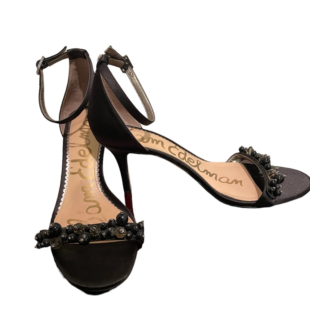 Sam Edelman black strappy heels with beaded toe strap.